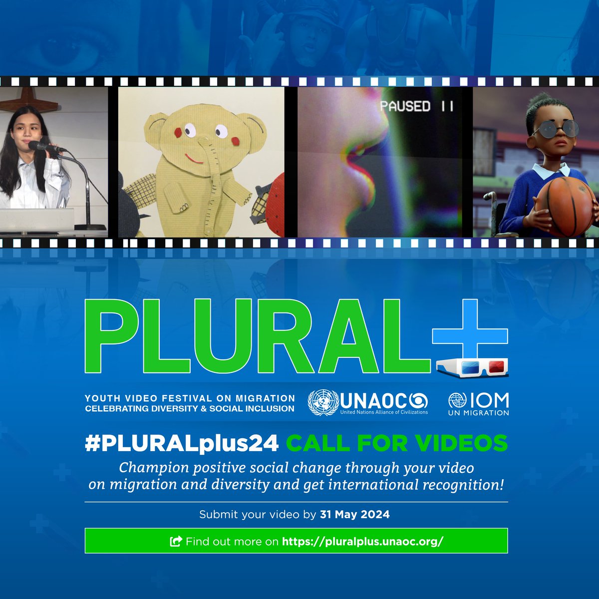 Are you a filmmaker between the ages of 12 - 25! Submit your videos to the PLURAL+ Youth Video Festival. Showcase your talent and perspectives on migration, diversity, and inclusion. Deadline: May 31, 2024. Visit pluralplus.unaoc.org. #PLURALplus24'