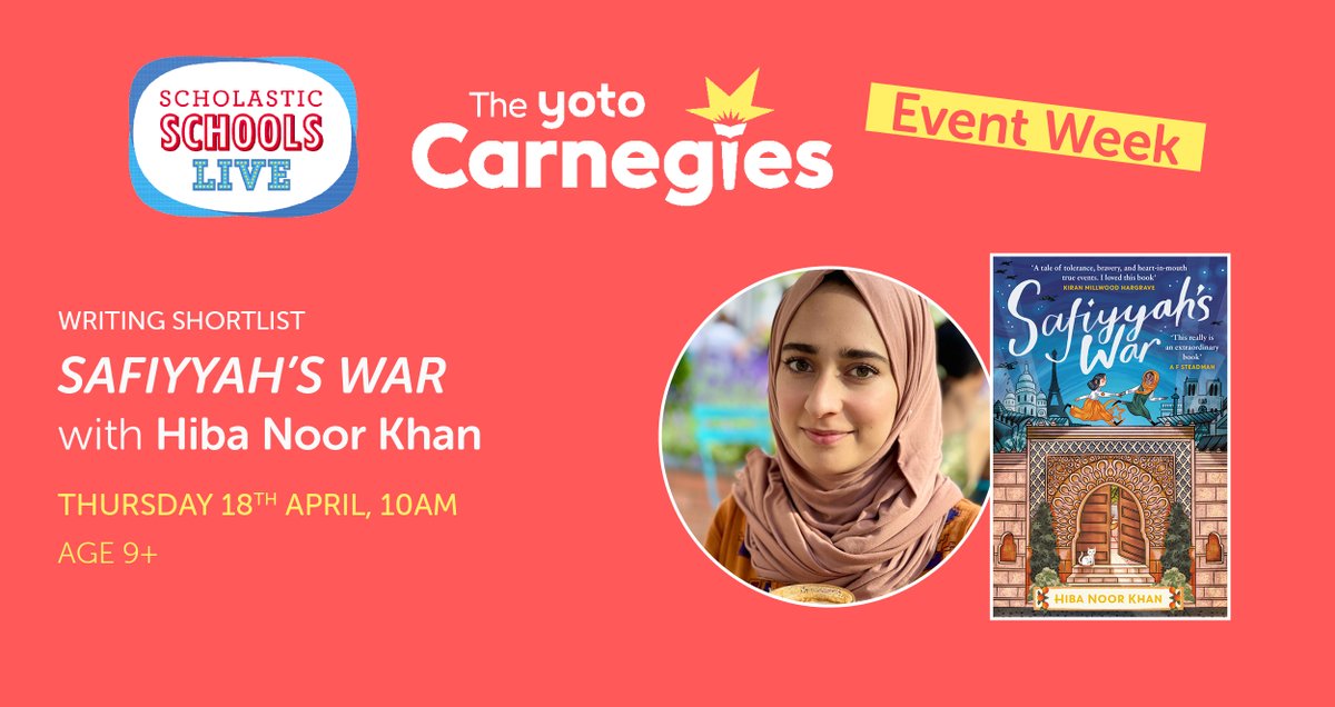 Sign up to join @HibaNoorKhan1 at 10am Thursday to discuss her #YotoCarnegies24 shortlisted book Safiyyah's War as part of our @scholasticuk Schools Live Event Week shop.scholastic.co.uk/scholastic-sch… @AndersenPress