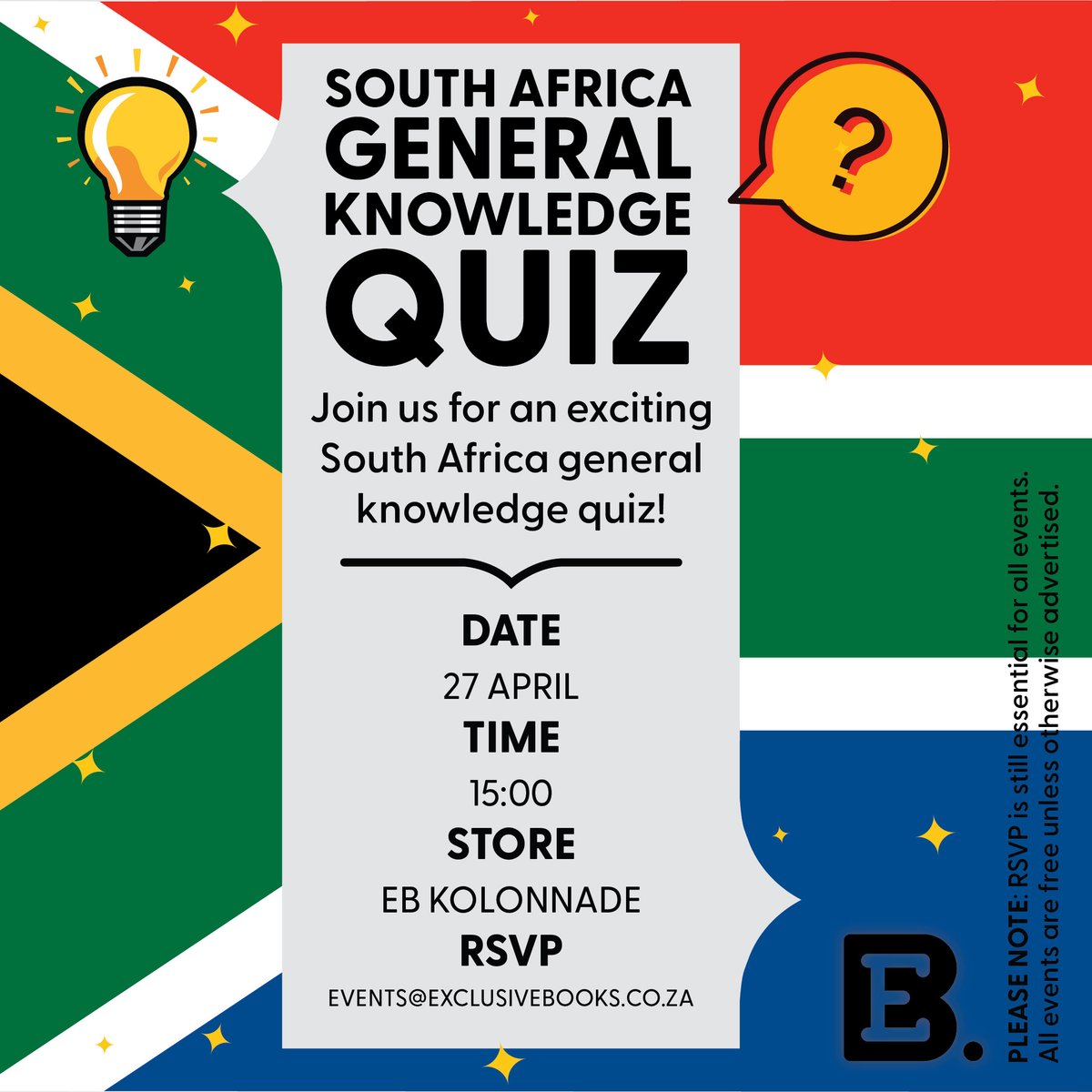 📍🗓️ Join us at EB @Kolonnade for a South Africa General Knowledge Quiz! RSVP to events@exclusivebooks.co.za