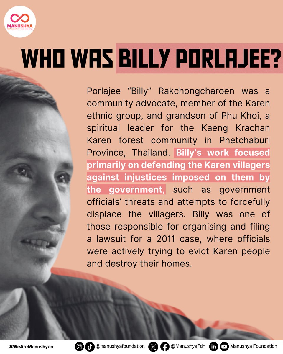 🌴Porlajee “Billy” Rakchongcharoen was a community advocate, member of the Karen ethnic group, and grandson of Phu Khoi, a spiritual leader for the Kaeng Krachan Karen forest community in Phetchaburi Province, Thailand.

#BillyPorlajee #PorlajeeRakchongcharoen