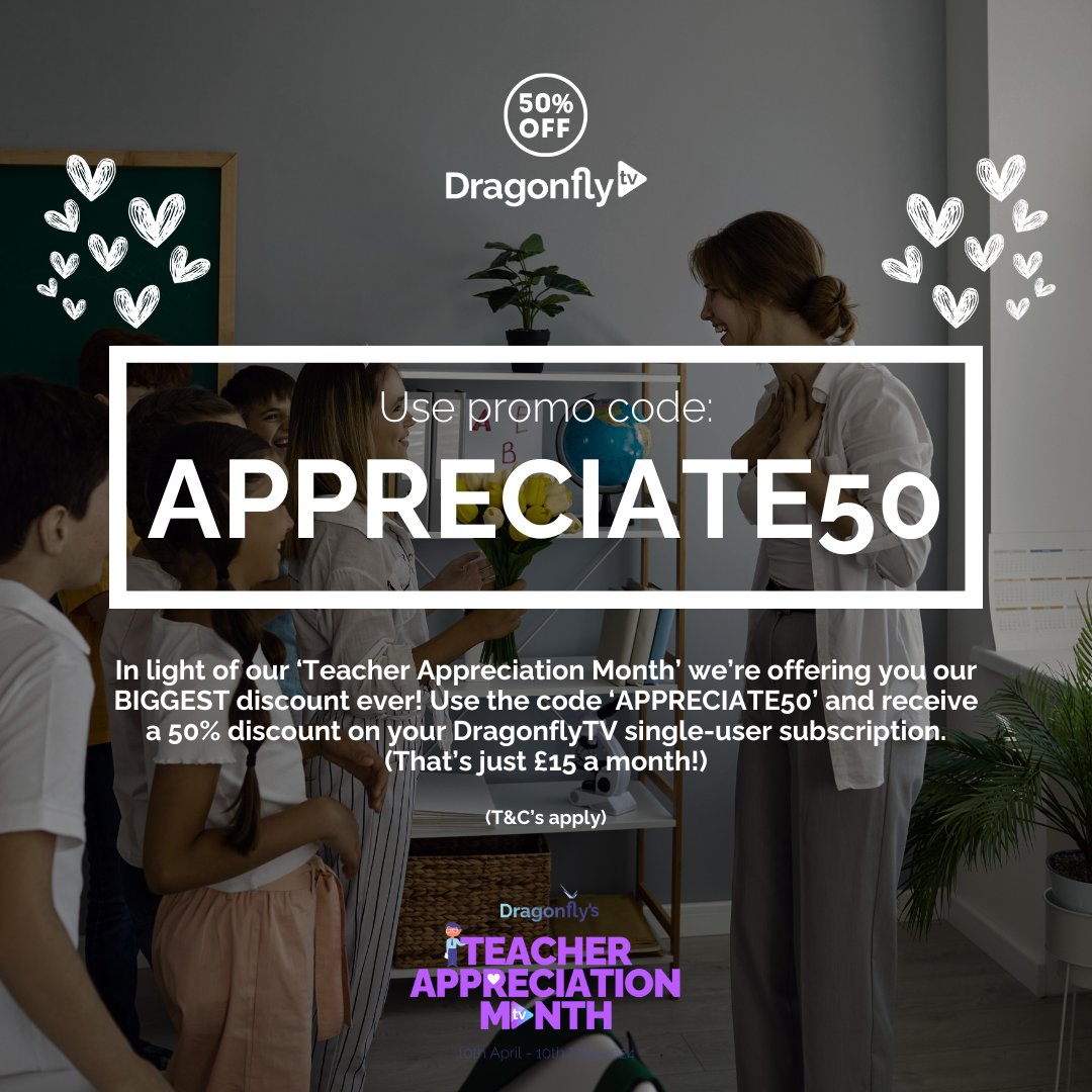 Benefit from 50% off a DragonflyTV single-user subscription this Teacher Appreciation Month 💜 Sign-up before 3rd May 2024 and use code 'APPRECIATE50' to redeem this unmissable discount: loom.ly/fvRJR5c #teacherappreciationmonth #dragonflyappreciatesteachers
