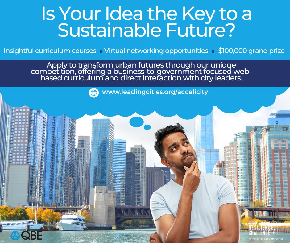 Applications for the 2024 QBE #AcceliCITY Resilience Challenge are open for innovative #smartcity startups with promising ideas. Learn more: bit.ly/43R5Ol7

#SmartCities #startup #challenge #Sustainability #GovTech #PropTech #UrbanTech <a href="/LeadingCities/">LeadingCities</a>