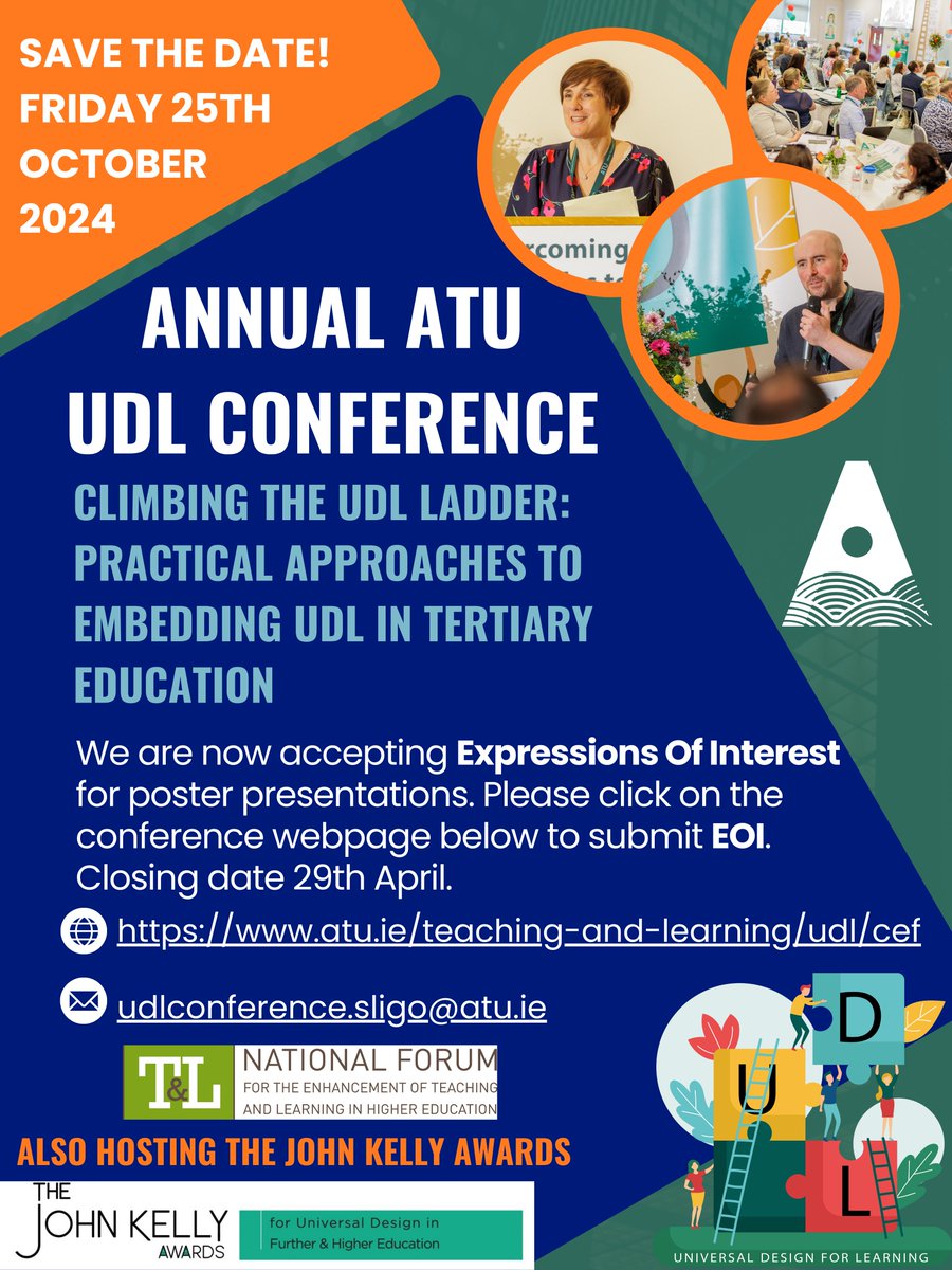 📣Mark your calendars for the ATU Universal Design Learning (UDL) 2024 Conference. 📆Expressions of interest for Poster Presentations are now officially open, and the deadline for submissions is 29 April. For more details, visit atu.ie/teaching-and-l…. #ATU #UDL @ATUTLC