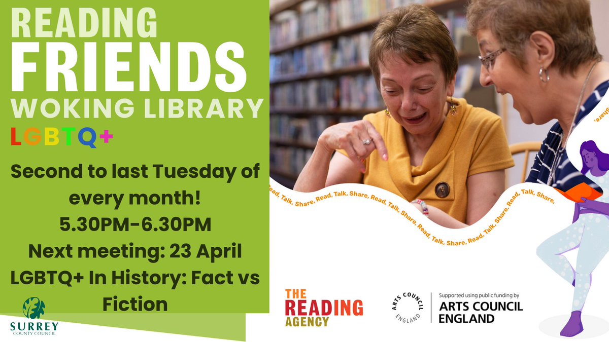 Join the Reading Friends Group in @WokingLibrary next Tuesday and enjoy the company of the #LGBTQ+ community🏳️‍🌈 📍Gloucester Walk, Woking, GU21 6EP 📚23 April, 5:30pm to 6:30pm Learn more about #ReadingFriends and sign up👇 orlo.uk/7xVo3 @SurreyNews @SurreyLibraries