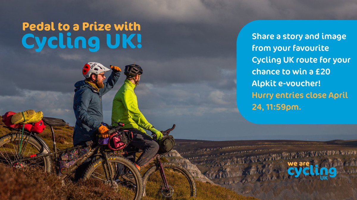 🚴‍♂️ Pedal your way to a prize! Share your favourite Cycling UK route story & image for a shot at winning a £20 Alpkit e-voucher! (3 up for grabs) 🎉 Entries close April 24th, head to cyclinguk.org/routes-stories… to enter & full T&Cs. Don't miss out on this wheelie good opportunity!