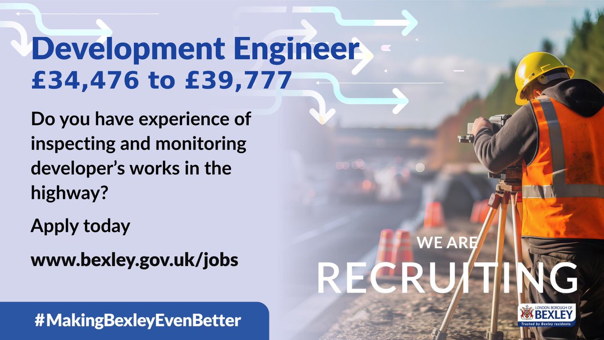 Do you have experience inspecting and monitoring developer’s work on the highway? 👷🚧

Apply now for the position of Development Engineer 
➡️ bexley.gov.uk/jobs

#makingbexleyevenbetter #londonjobs #jobvacancy #hiring #jobopportunity #jobalert #bexley #careeropportunity