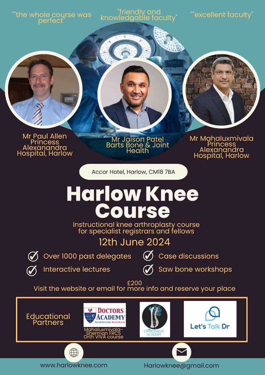 COURSE UPDATE!!! The Harlow Knee Course - 12th of June 2024 The Harlow Knee Course has had over 1000 previous delegates. This iconic course has been running for over 20 years and is aimed at trainees and fellows. harlowknee.com