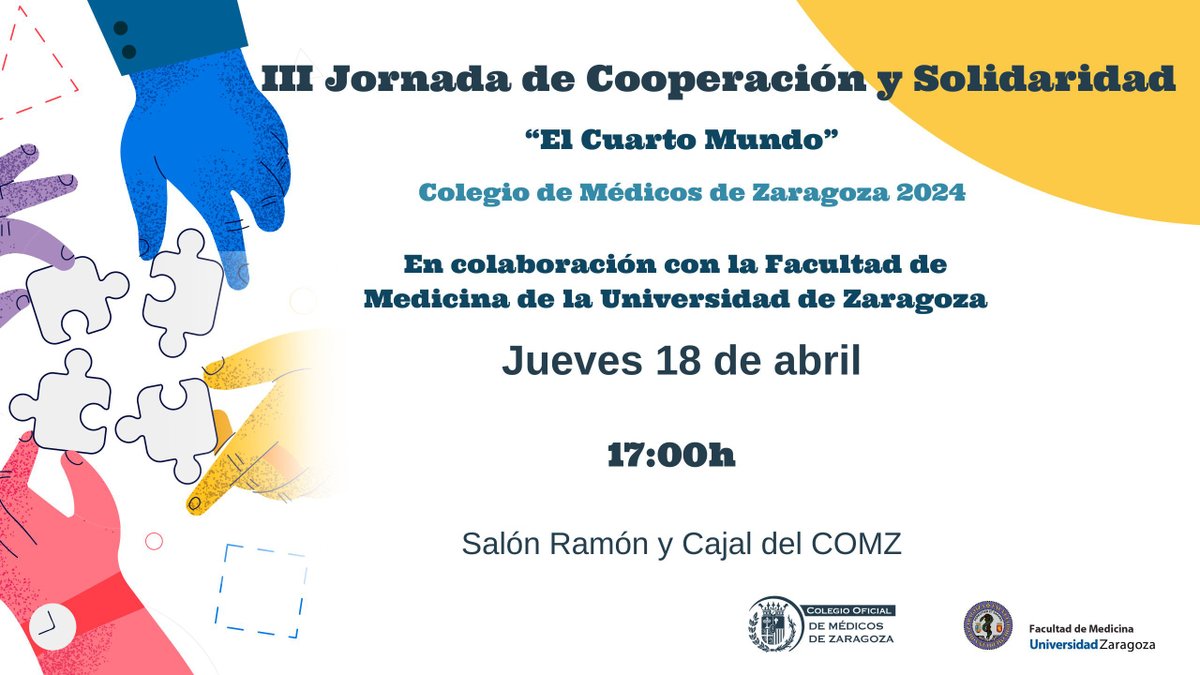 medicoszaragoza's tweet photo. 🙋‍♀️No te pierdas mañana la III Jornada de Cooperación y Solidaridad del COMZ, en colaboración con @unizar

🤝El objetivo del encuentro es dar a conocer los proyectos que las ONGs desarrollan en Zaragoza

✅Entrada libre hasta completar aforo
https://t.co/3ku5V5rzCz https://t.co/bN9zkTOZqV