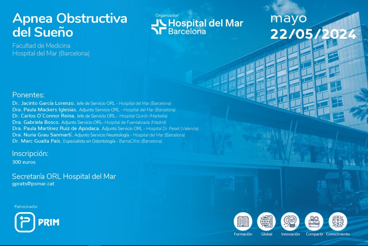 I Curs d'#Apnea Obstructiva de la Son

Organitzat pel Servei d'#Otorrinolaringologia i dirigit a especialistes que dediquen la seva pràctica clínica habitual a trastorns respiratoris de la son

🗓️ 22 de maig 

<a href="/DrJacintoGarcia/">Jacinto Garcia Lorenzo</a> <a href="/MackersPaula/">Paula Mackers</a> <a href="/GrauNria/">Núria Grau</a>

i.mtr.cool/yjosrmqdlw