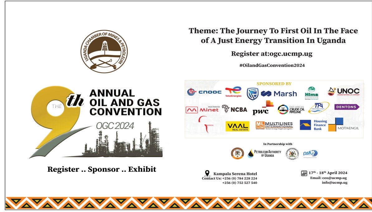 Proud sponsors of the 9th Annual Oil and Gas convention under the theme 'The journey to First Oil in Uganda in the face of a just Energy Transition.' Follow the discussion on #OilandGasConvention2024 @UgandaChamber