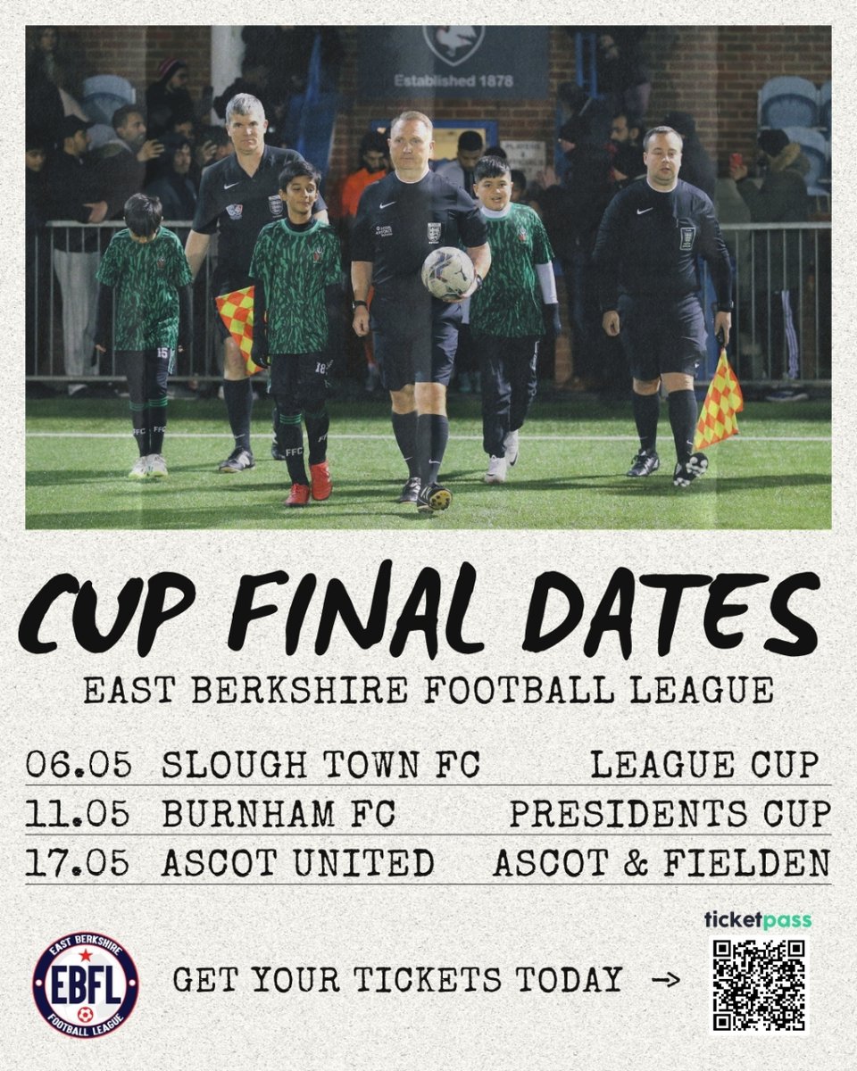 Your official cup final dates for 2024! 🏆⚽️ 06/05 - @SloughTownFC - EBFL League Cup 11/05 - @BurnhamFC1878 - Presidents Cup 17/05 - @AscotUnitedFC - Ascot & Fielden A reminder that we have a special offer on a cup final treble, saving you some £'s 👉🏻 i.mtr.cool/wmtvaezuya