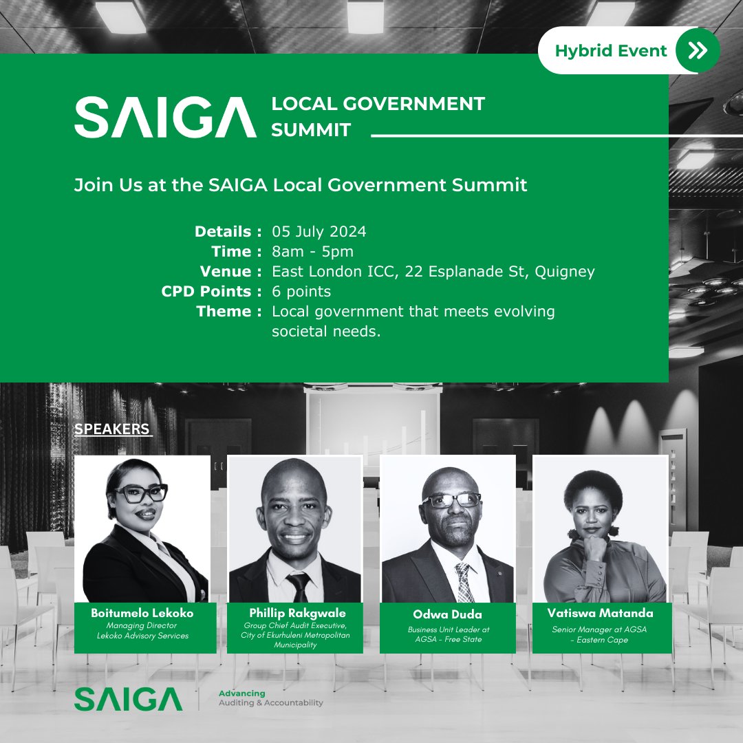 Calling all public sector professionals! 
Don't miss the SAIGA Local Government Summit on 5th July.
Dive into discussions on improving service delivery and governance in our communities. 
Link:saiga.glueup.com/event/local-go…
#SAIGA #LocalGovernment
