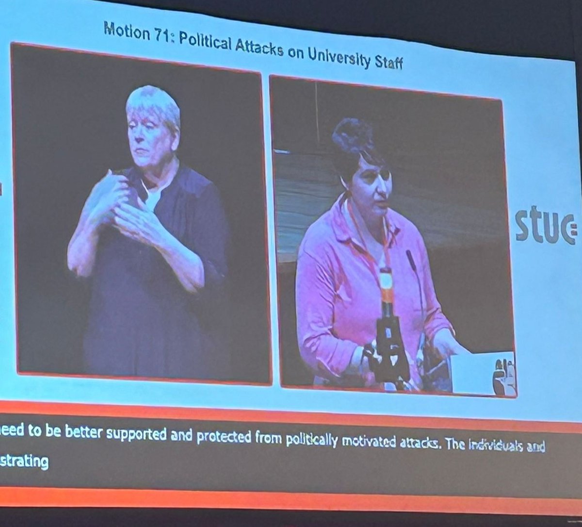 Jehan Al-Azzawi supports Motion 71 at #STUC24, concerning political attacks on university staff, 'Teachers have the right to speak out on matters of social justice.'