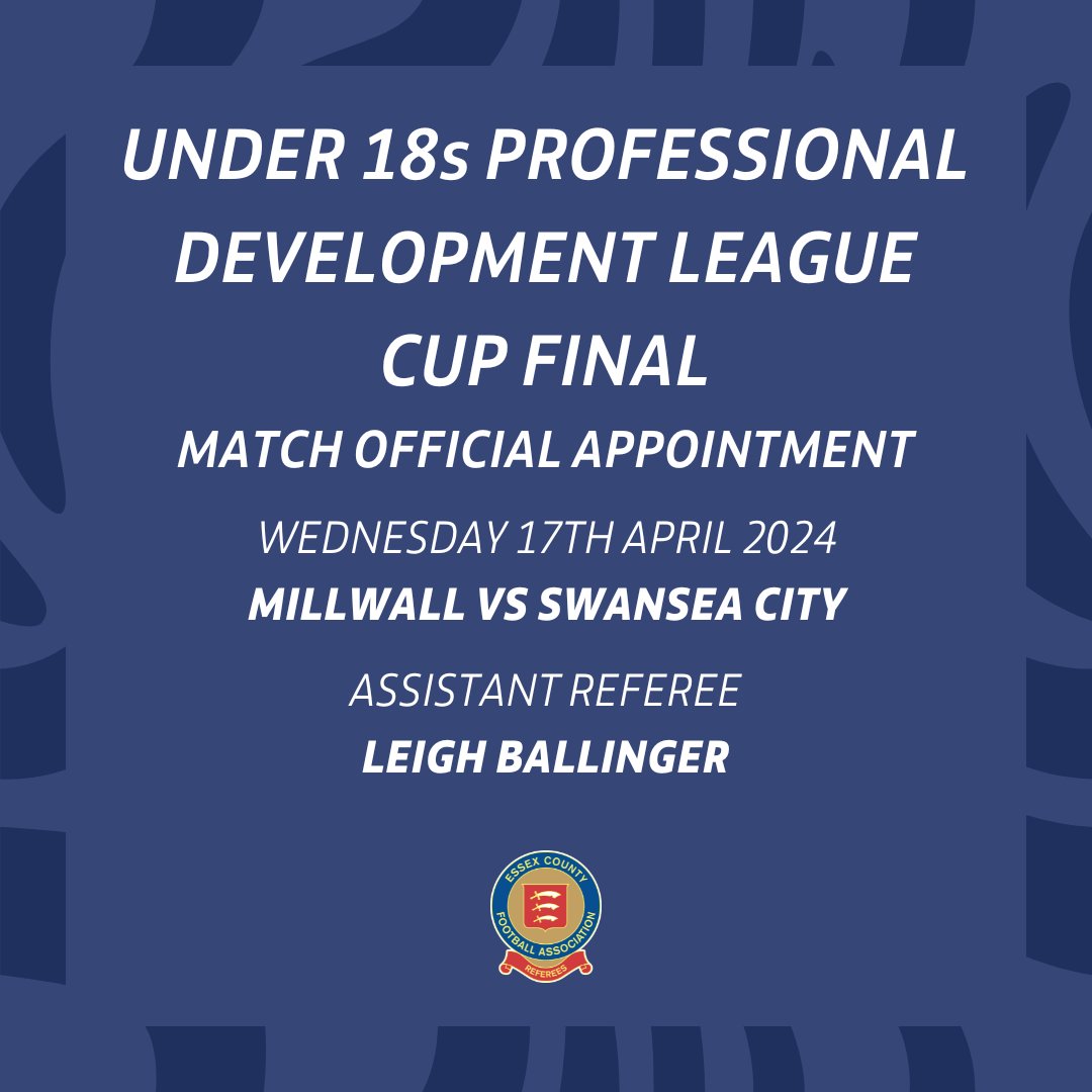 Congratulations to @EssexCountyFA referee Leigh Ballinger who will be one of the assistant referees on this evenings U18 Professional Development League Cup Final at The Den 👏 #DevelopedInEssex