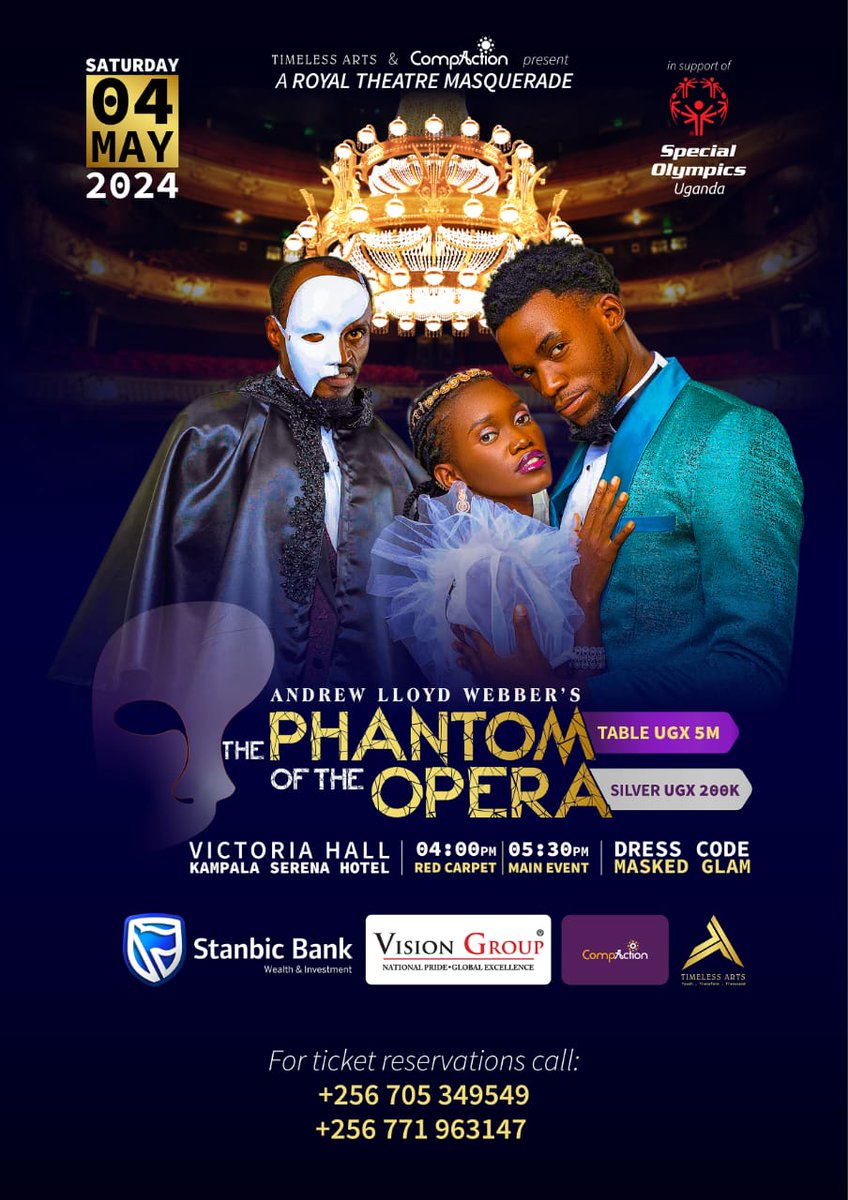 Timeless Arts in partnership with CompAction bring you this epic production in support of Special Olympics Uganda!

#PhantomOfTheOpera
#POTOWorldwide
#POTOUganda
#TimelessArts
#CompAction
#TheatreForMentalHealth