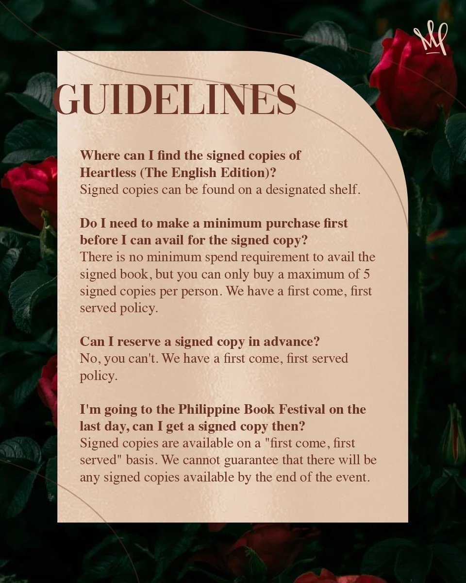 Signed copies of Heartless: The English Edition will be available at the PBF 2024! 

Please read the guidelines from mpressbooks 🤍