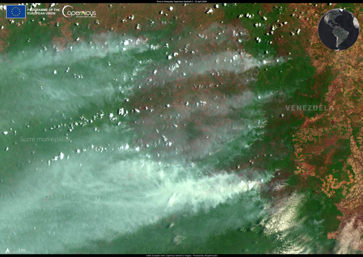 #ImageOfTheDay Since the start of 2024, #Venezuela 🇻🇪 has been affected by the most severe forest fires in years The blazes are intensified by the ongoing drought 🌡️ ⬇️ Smoke from the fires is visible in this #Sentinel2🇪🇺🛰️ image from 15 April