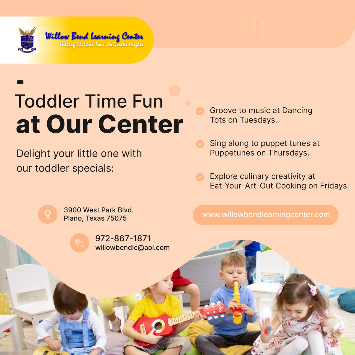 Experience engaging activities tailored for toddlers at Willow Bend Learning Center. From dance to cooking, there's something exciting every day! 

#ToddlerActivities #ToddlerSpecials #FunLearning #Preschool #PlanoTX