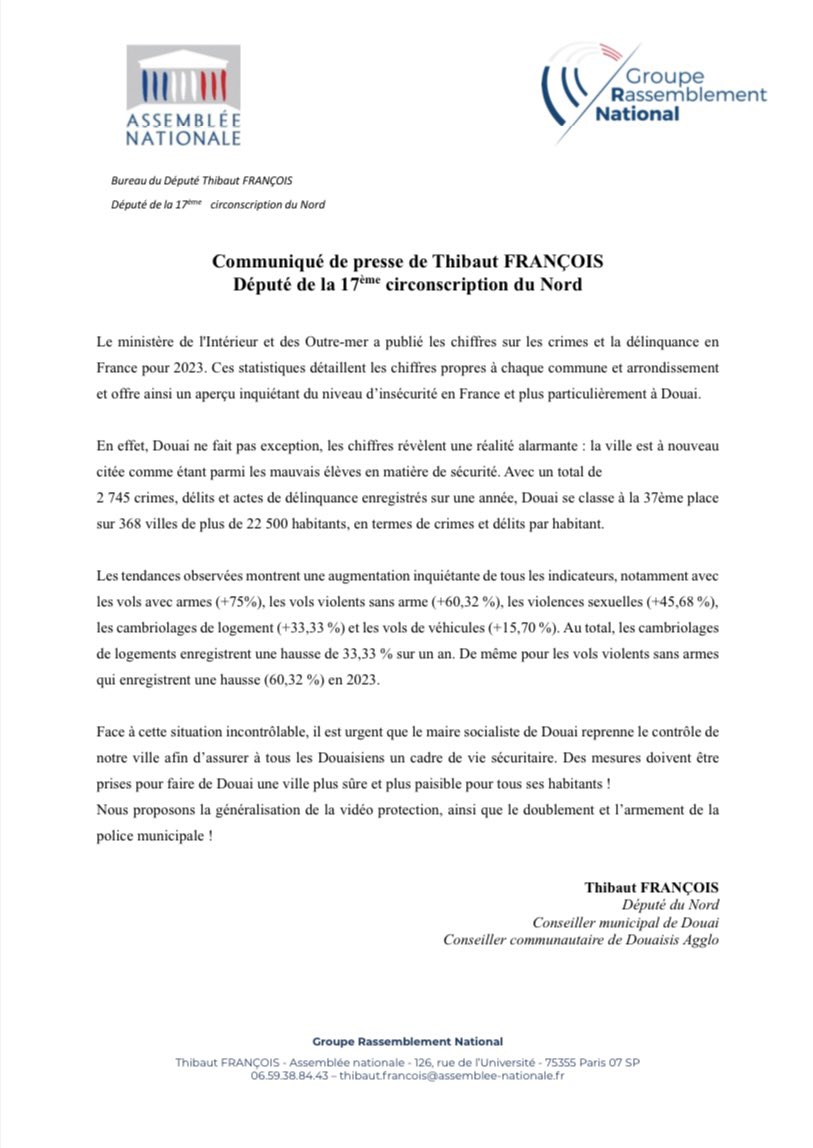 Selon le ministère de l’Intérieur et des Outre-mer, #Douai est classée comme étant parmi les mauvais élèves en matière de sécurité. Face à cette réalité alarmante, nous proposons la généralisation de la vidéo protection, et le doublement et l’armement de la police municipale !