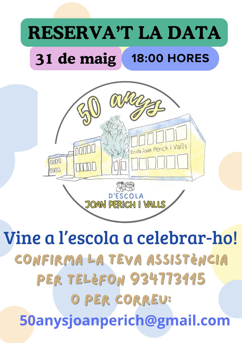 #EducacióSJD 🎂5⃣0⃣L'escola Joan Perich celebra 50 anys i organitza un acte de celebració per al 31 de maig! Les persones interessades en assistir-hi s'han d'adreçar al tel. 93 477 31 15 o al correu 50anysjoanperich@gmail.com #santjoandespí