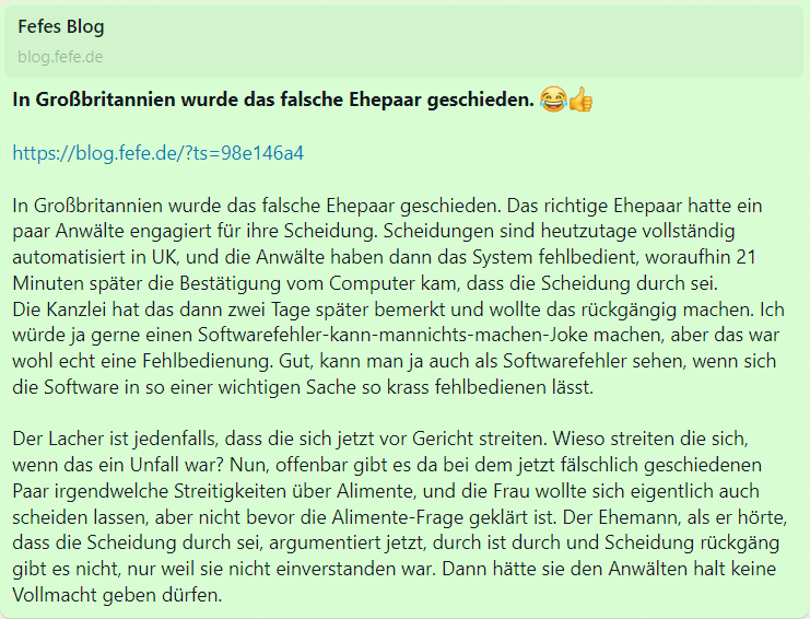 In Großbritannien wurde das falsche Ehepaar geschieden. 😂👍

blog.fefe.de/?ts=98e146a4