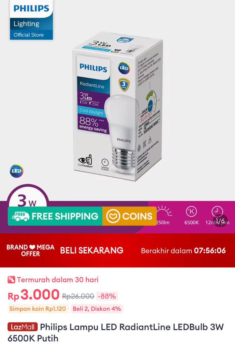 *[ LAZADA ]*
Philips Lampu LED RadiantLine LEDBulb 3W 6500K Putih 
racun.in/f2909