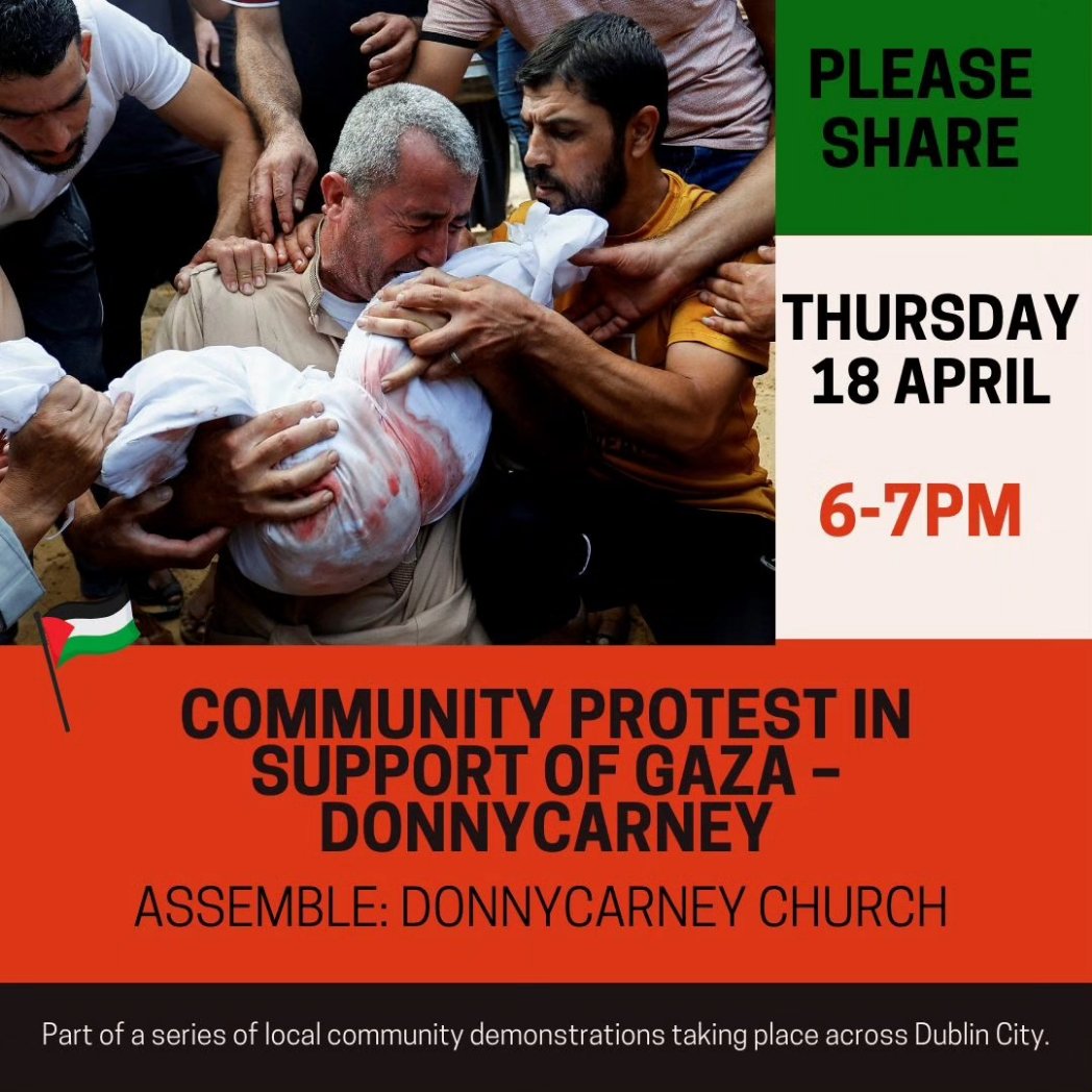 This Thursday sees the continuation of weekly white line pickets in solidarity with Palestine across Dublin. 

🗓️ Thursday
📍 Ballymun
📍 Cabra
📍 Donnycarney
🕖 7pm

🇵🇸 🇮🇪 🇵🇸 🇮🇪
