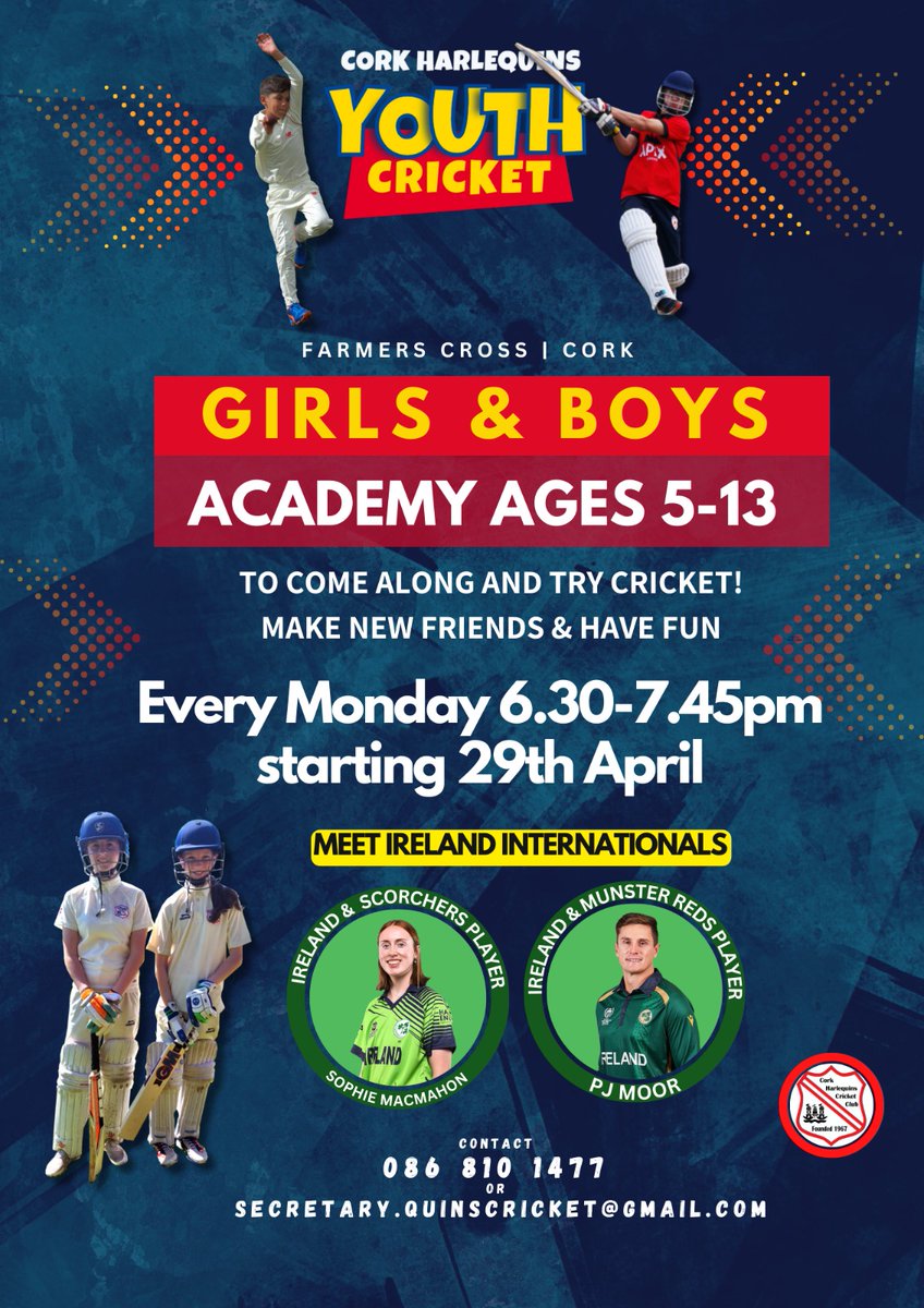 @quinsyouths (@quinsyouths) on Twitter photo Only 11 days to go try cricket in a fantastic club AND meet two Ireland stars- PJ Moor & Sophie MacMahon!
Mon 29th April 6.30pm. Contact the Secretary on 086 810 1477 or secretary.quinscricket@gmail.com
<a href="/CorkSports/">Cork Sports Partnership</a> <a href="/QuinsCC/">Cork Harlequins CC</a> <a href="/MunsterCricket/">Munster Cricket</a> <a href="/cricketireland/">Cricket Ireland</a> <a href="/BigRedBench/">RedFM Sport</a> Only 11 days to go try cricket in a fantastic club AND meet two Ireland stars- PJ Moor & Sophie MacMahon!
Mon 29th April 6.30pm. Contact the Secretary on 086 810 1477 or secretary.quinscricket@gmail.com
<a href="/CorkSports/">Cork Sports Partnership</a> <a href="/QuinsCC/">Cork Harlequins CC</a> <a href="/MunsterCricket/">Munster Cricket</a> <a href="/cricketireland/">Cricket Ireland</a> <a href="/BigRedBench/">RedFM Sport</a>