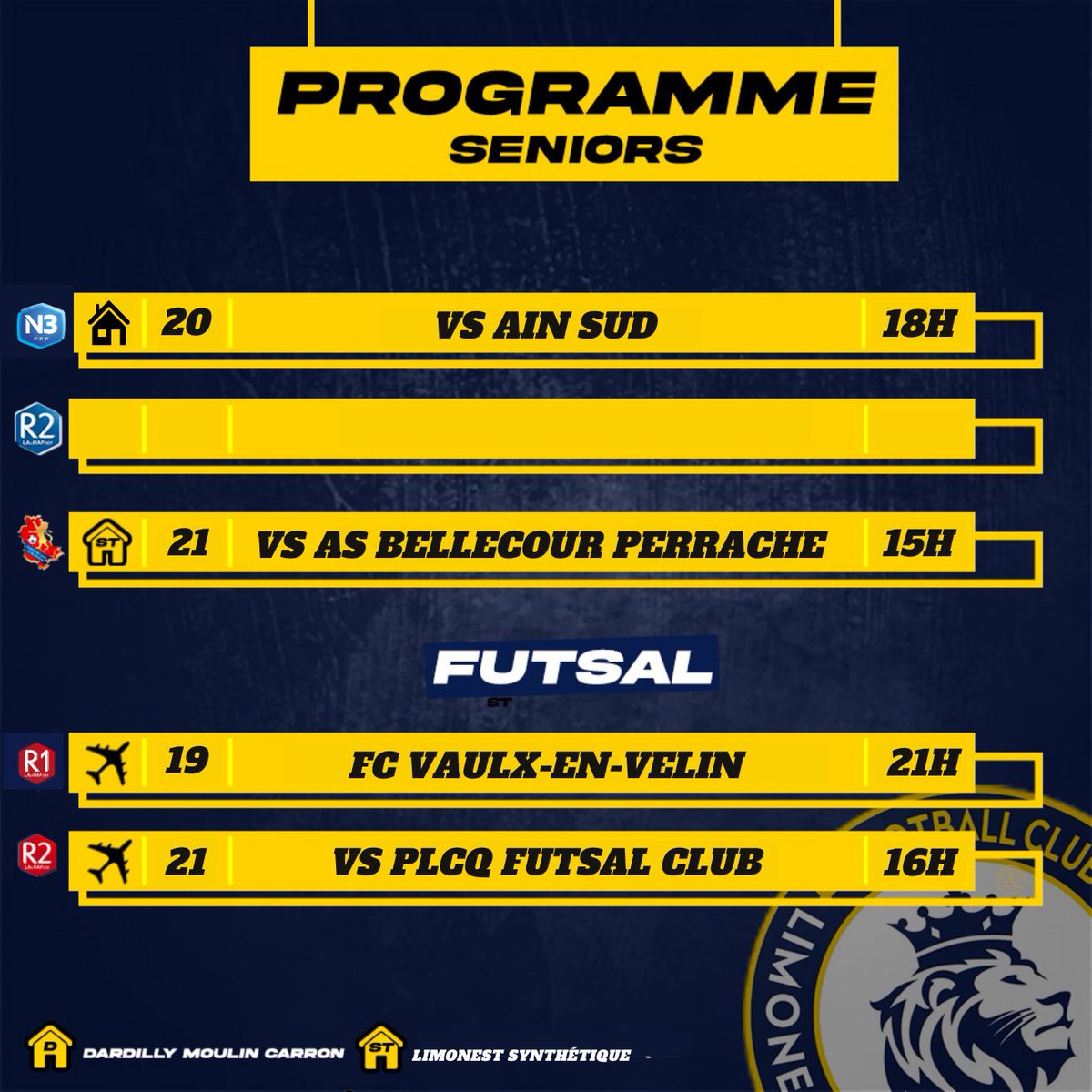 FCLDSD_Officiel's tweet photo. 𝐏𝐫𝐨𝐠𝐫𝐚𝐦𝐦𝐞 𝐝𝐮 𝐰𝐞𝐞𝐤-𝐞𝐧𝐝 🟡🔵
Découvrez les matchs des équipes du FCLDSD pour le week-end des 20 et 21 avril 2024. 📆
Programme détaillé : https://t.co/AjNQhtN3jj
#fcldsd #progoftheweek https://t.co/QQajnTWPe0