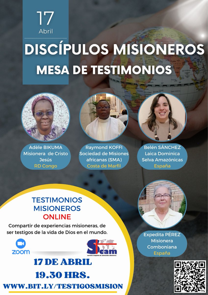 Esta tarde dialogamos con 4 misioner@s. Entre ellas, Belén Sánchez, laica misionera dominica y nuestra hermana Expedita, comboniana en Tierra Santa. Participa: bit.ly/testigosmision