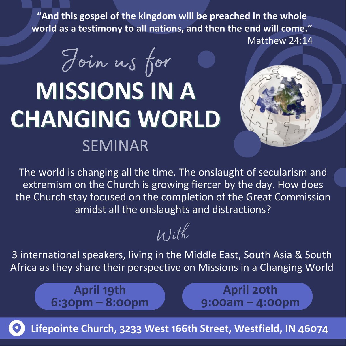 Don't forget about our upcoming seminar in Indianapolis at @lifepointchurchwestfield this weekend, on Saturday (April 19-20). #INcontext #INcontextInternational #Christianperspective #missions #SouthAfrica #SouthAsia #MiddleEast #Indianapolis #Seminar #freeseminar #christianity