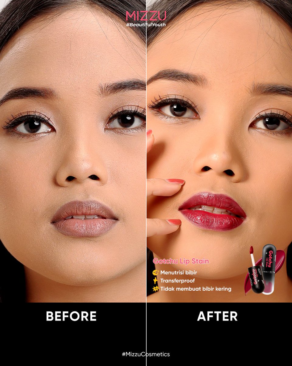 MizzuCosmetics's tweet image. Transform your lips from dry to fresh moisturized!🍒✨

Cuaca ekstrim, kurang minum, dan kurang vitamin bisa bikin bibir kamu makin kering dan gelap, makanya kamu perlu Gotchu Lipstain yang bisa bantu bibir kamu jadi tampak fresh dan sehat!💗 Buruan cobainn!!!

#lipstain