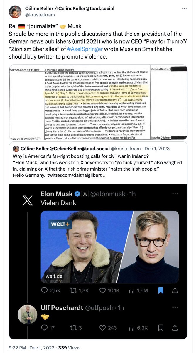 If 🇩🇪 journalists would write about Neo-Nazi promoting Musk working with Neo-Nazi funded Bari Weiss and #AxelSpringer CEO 'Hamas are worse than Nazis' Doepfner who also works with Thiel/Palantir ... Germany could stop their genocide complicity inducing fake 'anti-antisemitism'.