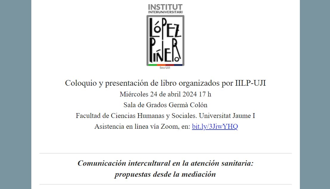 Coloquio gratuito

«Comunicación intercultural en la atención sanitaria:
propuestas desde la mediación»

Castellón de la Plana🇪🇸: <a href="/IILP_UJI/">Institut Interuniversitari López Piñero - UJI</a> <a href="/UJIuniversitat/">Universitat Jaume I</a>, 24 de abril.
Info: mailchi.mp/73389ab8d5bd/i…
Retransmisión en directo por Zoom.