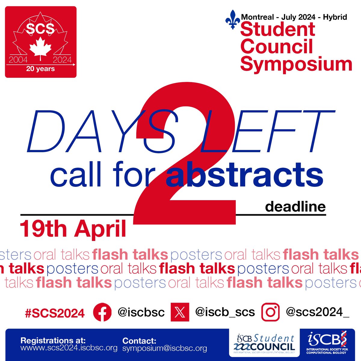 🚨🚨🚨 Only 2 days left until the deadline to submit abstracts for the ISCB Student Council Symposium 2024 #SCS2024 Time is ticking down! Don't miss out on the chance! - Submit your abstract here: iscb.org/ismb2024/submi… Deadline April 19th