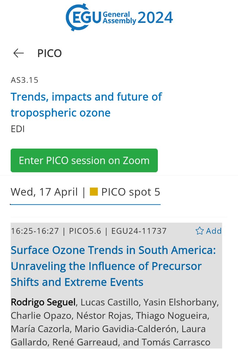 nyrojasr's tweet photo. Hi @EGU24! This afternoon, I'll have my 2-minute madness and PICO screen 5.6 presentation of our work on surface #ozone trends in South American cities https://t.co/kDRUSZKdis