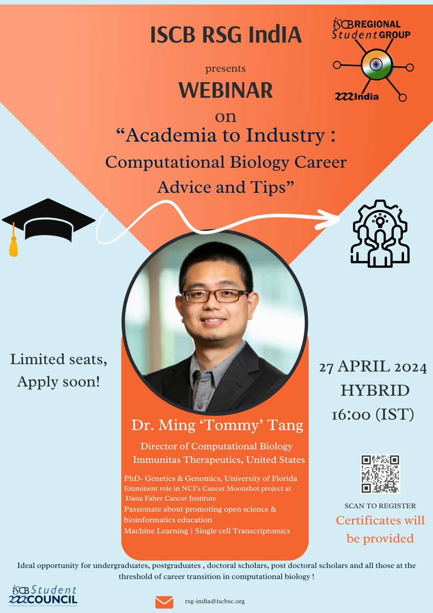 Are you in 2 minds about Academics/Industry in #compbio. We've got your back! Excited to present a webinar on 'Academia to Industry: Computational biology career advice and tips' by none other than Dr. Ming 'Tommy' Tang (@tangming2005 ) 27.04.2024 | Virtual | 4:00 PM (IST)