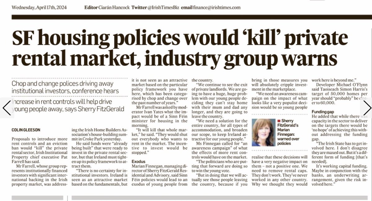 I see former FF Sec Gen & Senator @farrellpatm doesn’t like SFs housing policy Hardly surprising given @IIP12765501 is the main lobby group for Vulture & Cuckoo funds Nothing to say about rip off rents, falling home ownership, wasteful tax reliefs & rising youth emigration 🙄