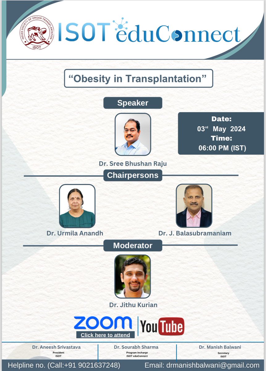 💥Next #ISOTeduConnect on very important and neglected topic 🔆Obesity in Transplantation 📆 03 May 2024 🕰️ 06:00 PM IST 🔗Zoom: us06web.zoom.us/j/86999399827?… 🔗YouTube: youtube.com/%0A@isotindia/…