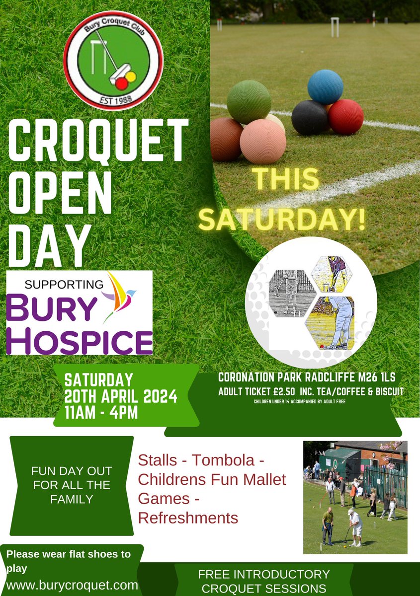 Join us this Saturday at #Coronation Park #Radcliffe #Fun day ⁦@BuryHospice⁩ ⁦@GrowingTogeth13⁩ ⁦@EverythingBury⁩ ⁦@BuryCouncil⁩ ⁦@CroquetEngland⁩ #family day