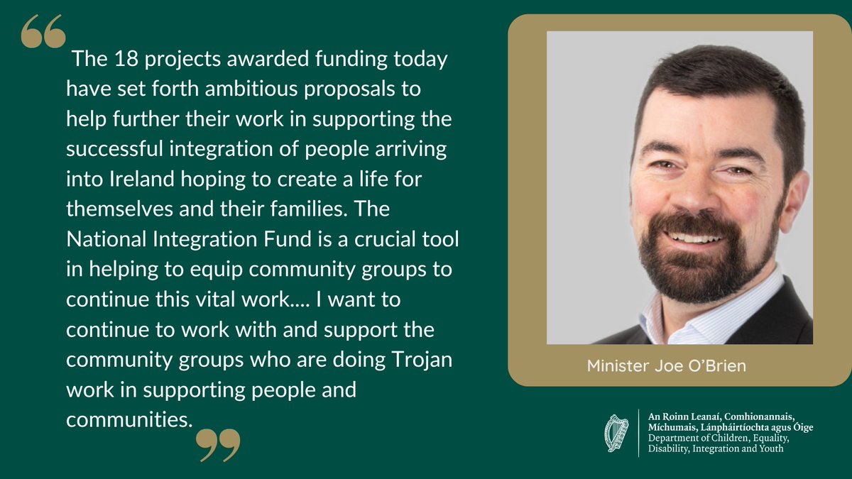 Min. @joefingalgreen today announced the 18 projects to be funded under the National Integration Fund 2023. €2.9m will be made available to 18 organisations, over three years. Full Press Release Here: bit.ly/3Q4mYpw