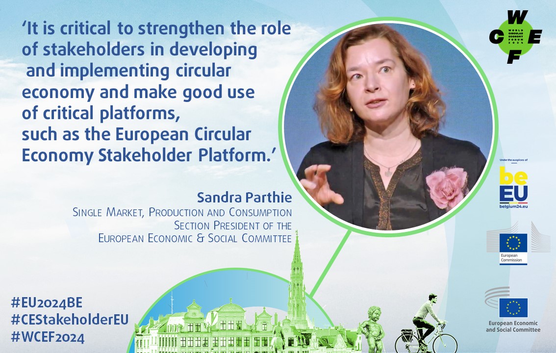 #WCEF2024 Sandra Parthie @EESC_INT, took the floor this morning during the #EU2024BE Accelerator Day. It's in @EU_EESC DNA to promote dialogue with #EUCivilSociety & #Stakeholders. Networks, hubs and cooperative platforms are so many accelerators for the #CircularEconomy.