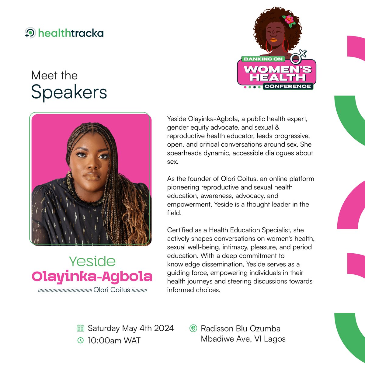 Introducing Nigeria’s foremost Sexual and Reproductive Health Educator. Yeside Olayinka-Agbola @oloricoitus will be speaking on the vital topic of sexual health and wellness for women. Discover why it matters, especially for us ladies. Trust us, you won't want to miss this…