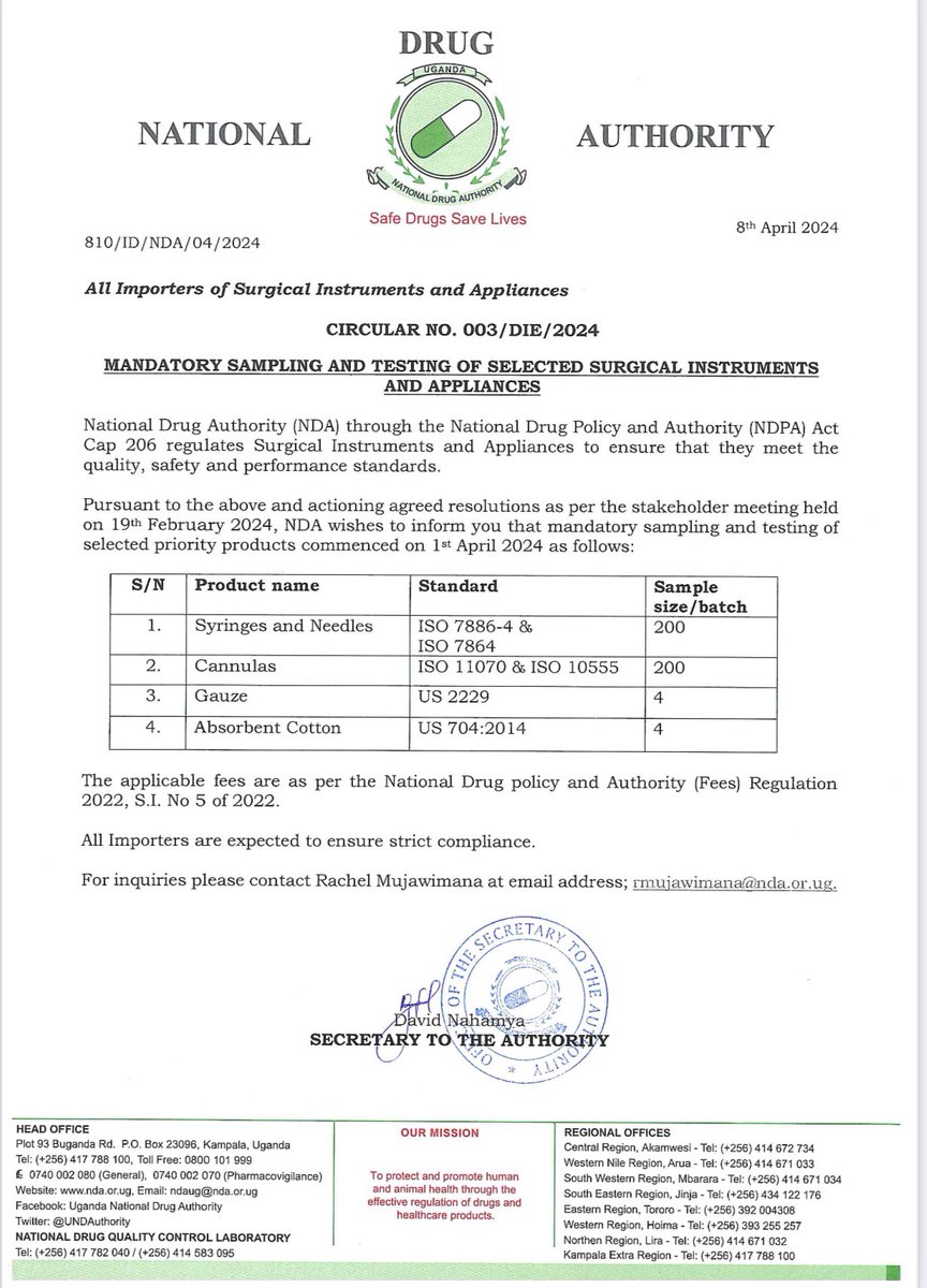 Please take note of the mandatory sampling and testing of selected surgical instruments and appliances which commenced on April 01 2024.