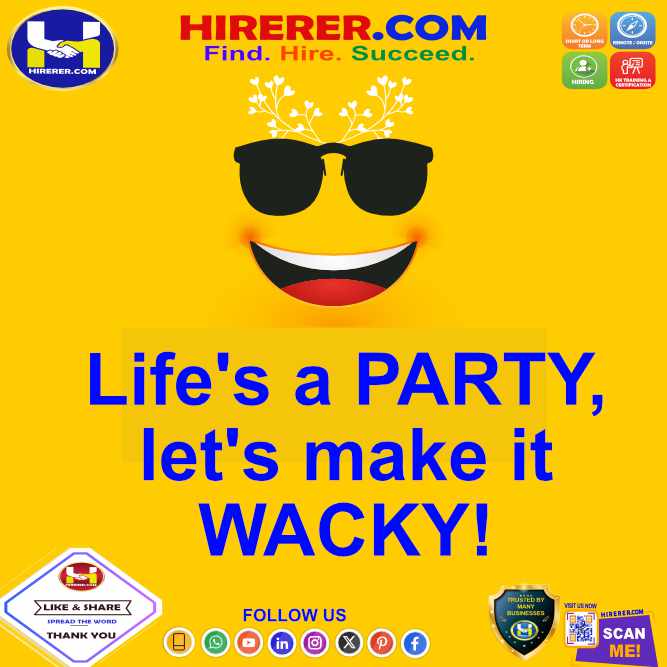 Life's a party, let's make it wacky!

Visit hiring.hirerer.com to know more

#FunkyAndFabulous #FunAndFunky #WackyWorld #CrazyCreativity #SillySquad #PlayfulPositivity #rentahr #OutOfJob #Hirerer #iHRAssist #smartlyhr #smartlyhiring