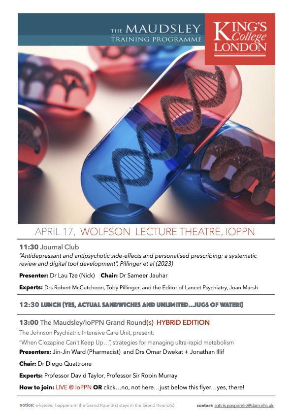 This week we land back to #Lewisham (don’t forget we were in Reykjavik last week…) and the Johnson Psychiatric Intensive Care Unit where we learn about how we can support ultra-rapid metabolisers of #clozapine The @MaudsleyNHS /@KingsIoPPN Grand Round(s) Today, 1PM