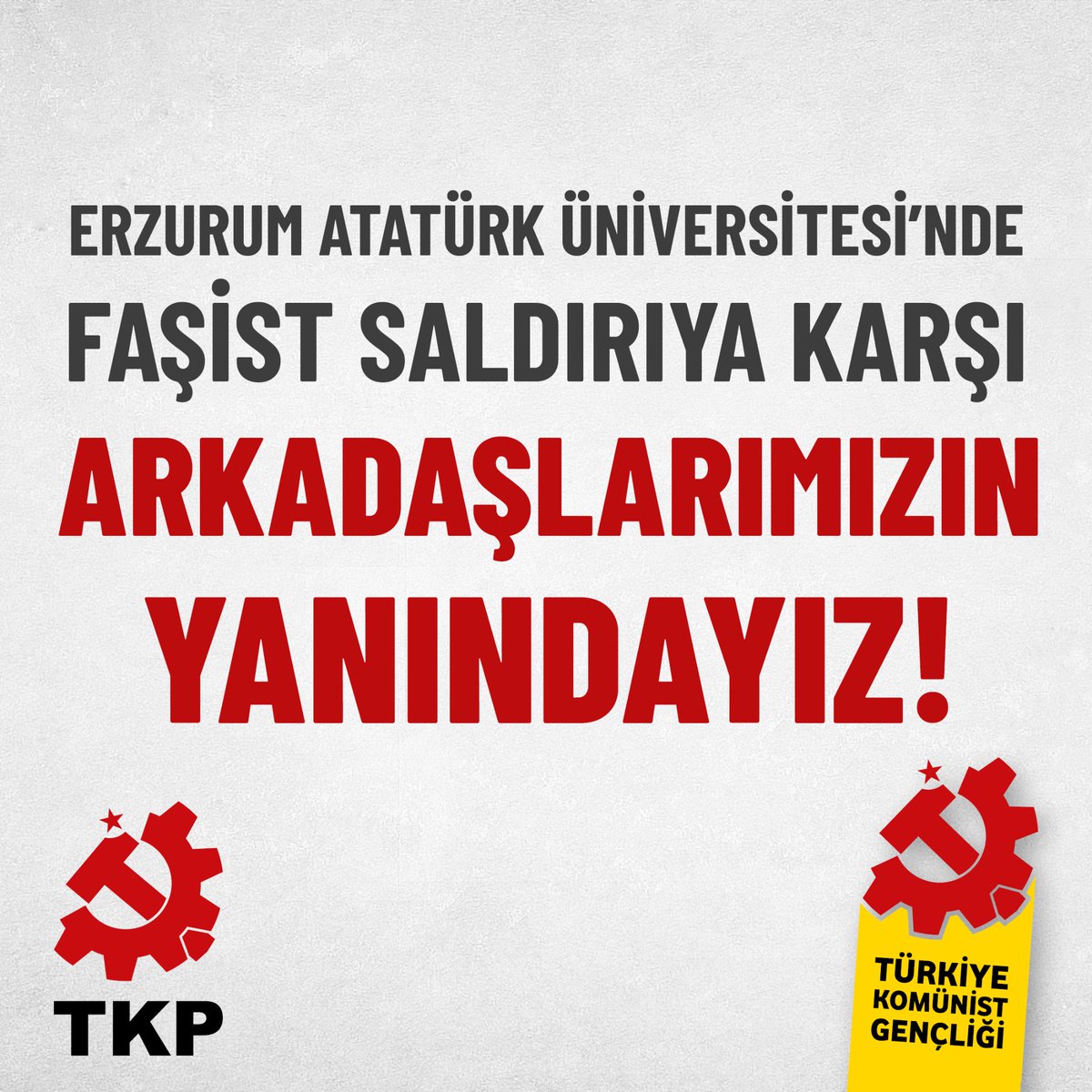 🔴Dün akşam Erzurum Atatürk Üniversitesi'nde kampüs içinde yaşanan saldırıyı lanetliyoruz. Türkiye Komünist Gençliği olarak şarkı söylediği için faşistlerin saldırısına uğrayan sıra arkadaşlarımızla beraberiz. Onlara her türlü desteği vermeye hazırız, hastanede de yanlarında…