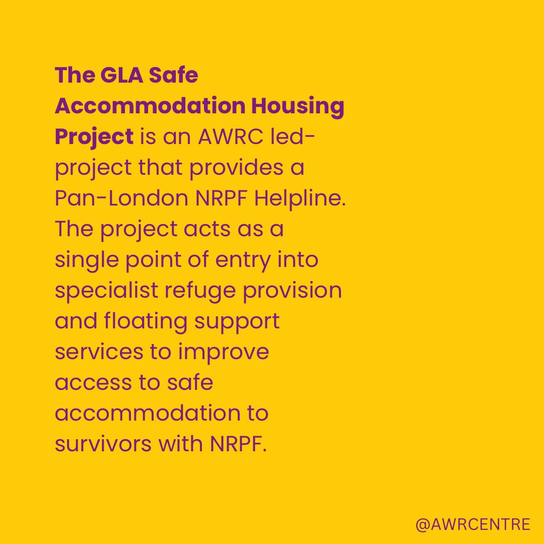 The GLA Safe Accommodation Housing Project, led by AWRC, offers a Pan-London NRPF Helpline. ~ Ensuring easier access for survivors with NRPF to specialist refuge and support services. #SupportSurvivors #SafeHousingForAll