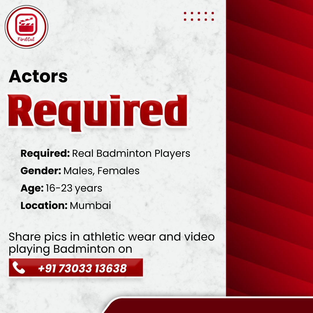 Do you play Badminton❓

Here's a perfect chance for you merge your #badminton and #acting skills
ㅤ
Location #mumbai

Send your profiles on +91 73033 13638
ㅤ
Link in Bio!
ㅤ
#badmintonplayer #actingaudition #actors #casting #castingcall #acting #firstcut #firstcutworld