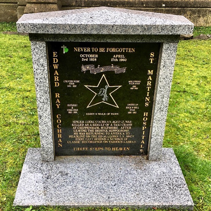 “Never To Be Forgotten” We’re taking time out to remember Eddie Cochran who we tragically lost on this day in 1960 - here we visit his memorial stone on the grounds of St Martin's Hospital in Bath Join us by sharing your favourite songs and memories vintagerockmag.com/2020/12/top-20…